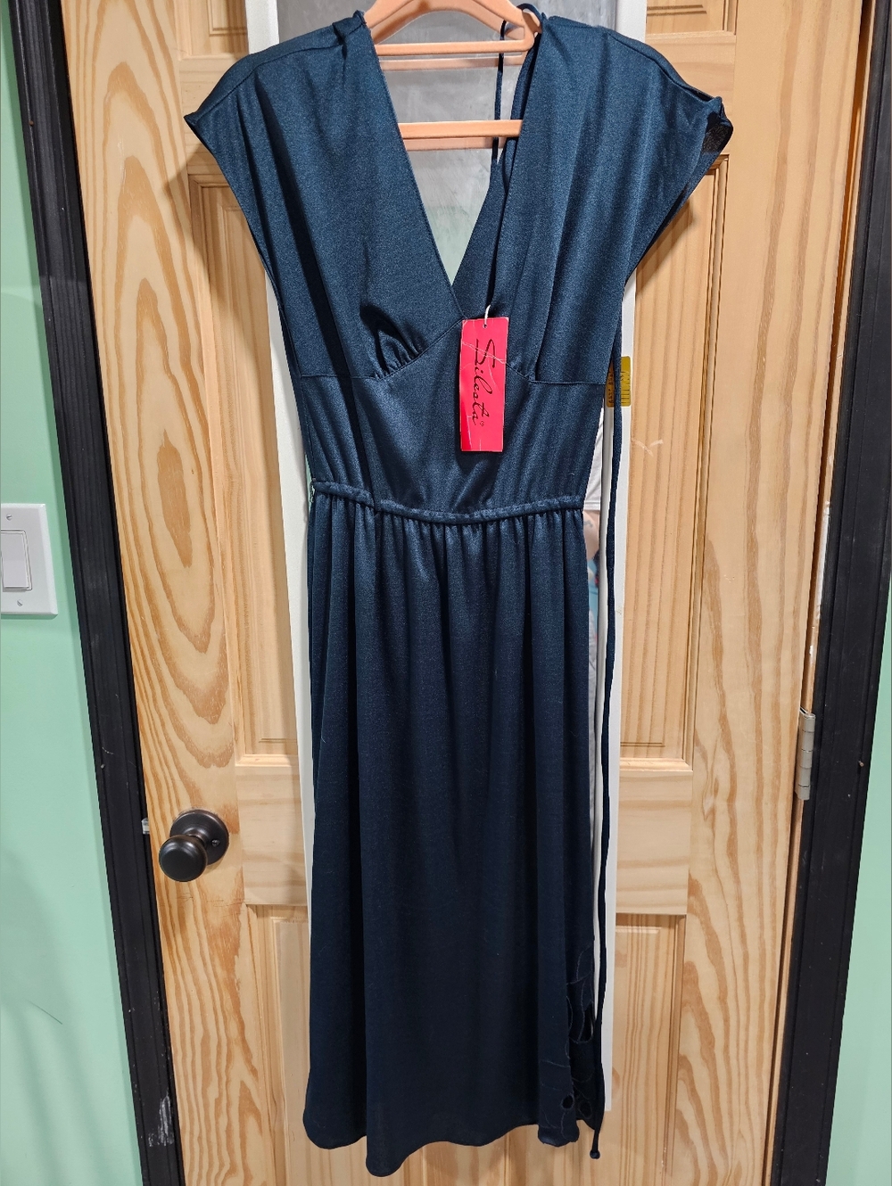 VINTAGE Patty O'Neil Dark Teal V-Neck Dress with Gathered Waist